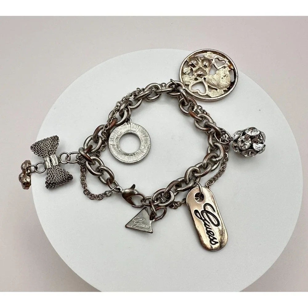 Vintage Y2K Guess Silvertone Bracelet Multi-Charm Statement Boho Fashion Jewelry